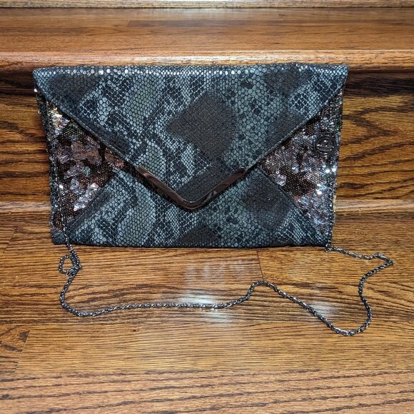 Big Buddha Gunmetal Snakeskin and Sequin Envelope Clutch EUC - Picture 1 of 9
